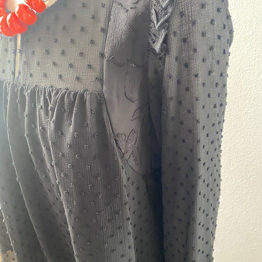 Kaari Black Women embroidered dot Black Ruffle semi sheer Long Sleeve Blouse L - Picture 2 of 4